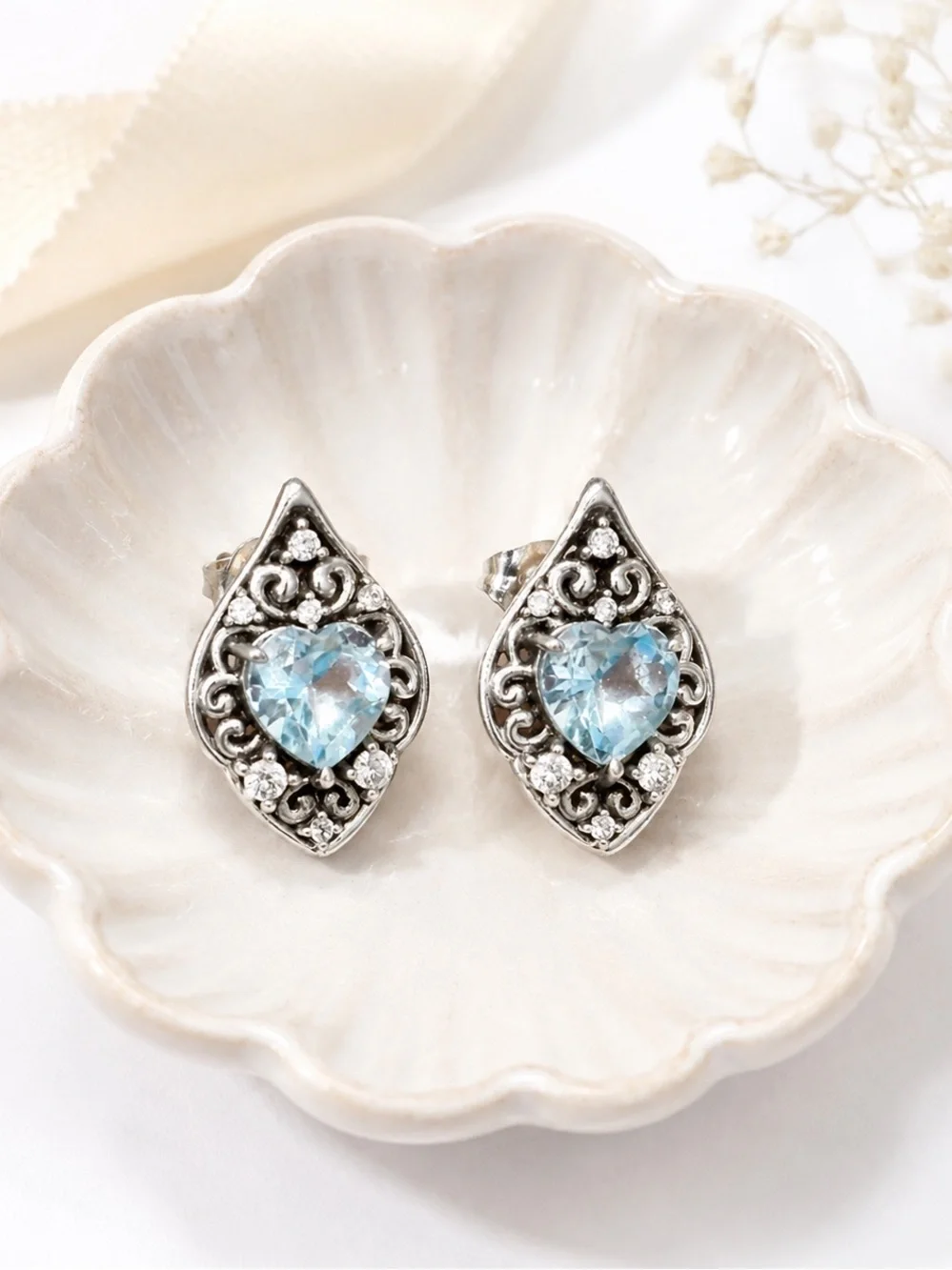 Vintage 925 Sterling Silver Aquamarine Heart Filigree Stud Earrings